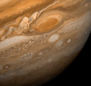 25 February 1979– This view of Jupiter’s great red spot was obtained by Voyager 1