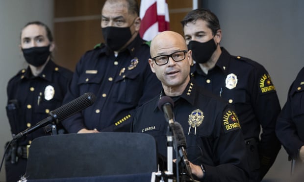 Eddie García, the Dallas police chief, speaks at a press conference about the arrest of officer Bryan Riser.