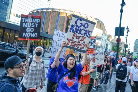 Anti-Trump protesters demonstrate outside of Madison Square Garden ahead of Game 3.
