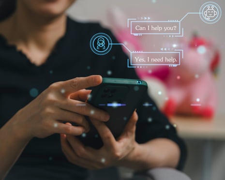A businesswoman holds a smartphone while chat bubbles and a chatbot icon float above it