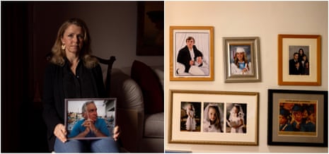 Left: Sheree Kerner holds a portrait of her late husband, Frank Stuart, who worked in the 2010 BP oil spill cleanup and died of a rare cancer in 2018. Right: Photographs of Stuart and his six children hang on the wall of their family home in Metairie.