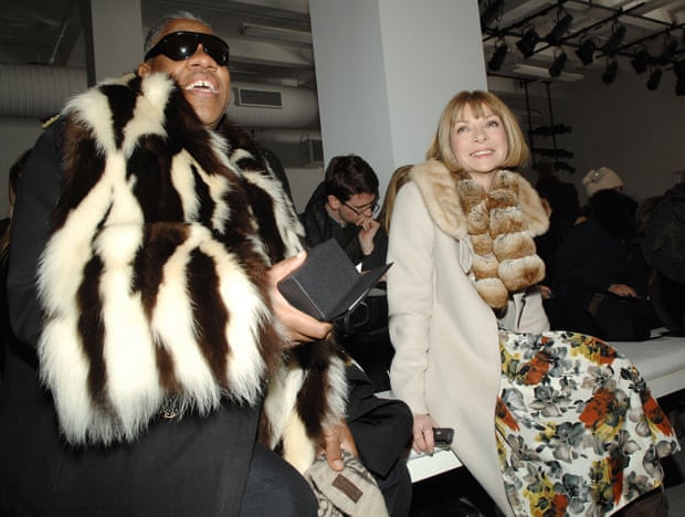 Andre Leon Talley (L) and Anna Wintour attend the Calvin Klein Fall 2007 fashion show during Mercedes-Benz Fashion Week February 8, 2007 in New York City.