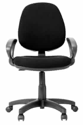 Front view of adjustable black office workers chair, on white background, cut out