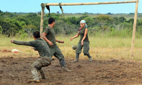 Farc fighters play football at Camp Diamante.