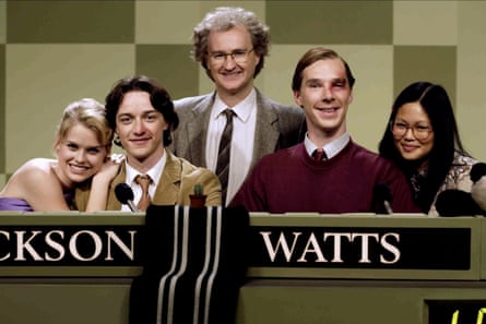 Four university students, two of them bruised, sit at a University Challenge show desk.