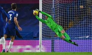 Chelsea keeper Kepa Arrizabalaga makes a save.