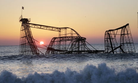 The Jet Star Roller Coaster, sitting in the ocean off the coast of Seaside Heights, New Jersey, after Hurricane Sandy.