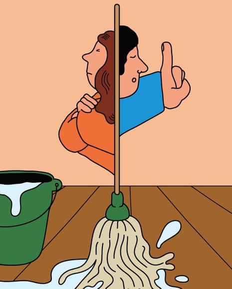 Illustration of two people mopping a wooden floor and a bucket of water