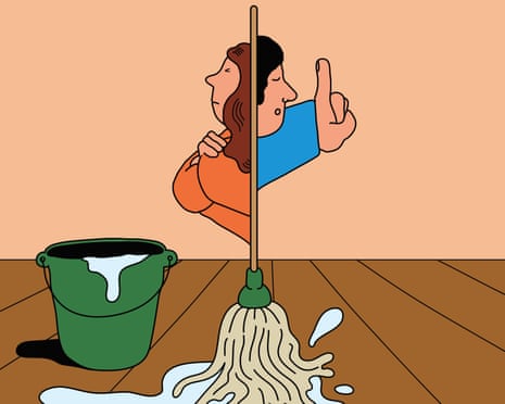 Illustration of two people mopping a wooden floor and a bucket of water