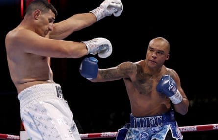 Fabio Wardley (right) lands a right on Justis Huni at Portman Road Stadium, Ipswich.