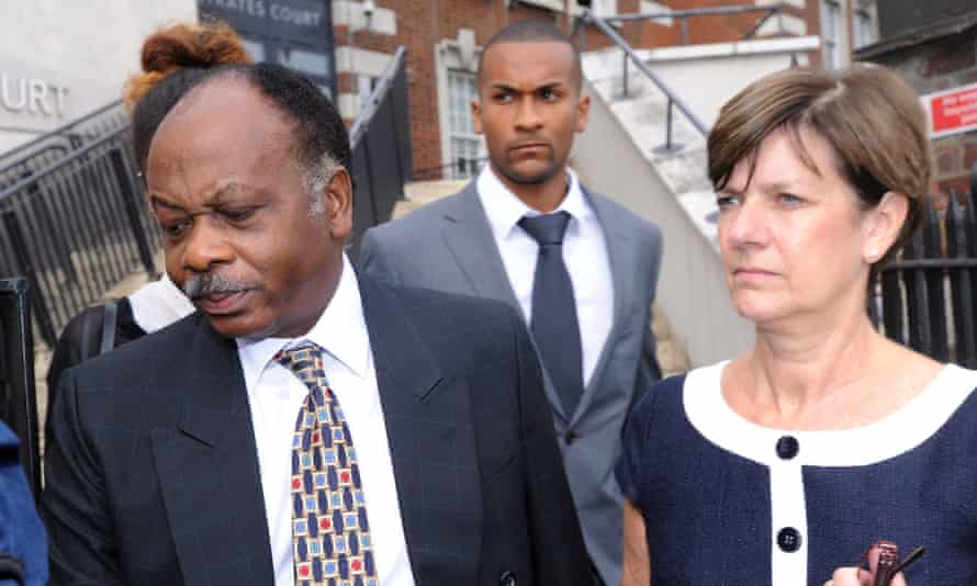 On trial: consultant David Sellu makes his first appearance at Hendon Magistrates Court accompanied by his wife and son in August 2012.