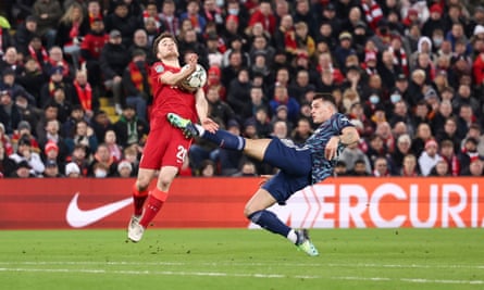 Granit Xhaka fouls Liverpool’s Diogo Jota, for which the Arsenal midfielder was shown a straight red card