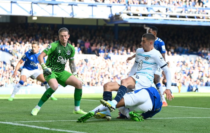Everton’s Ben Godfrey collides with Chelsea’s Kai Havertz.