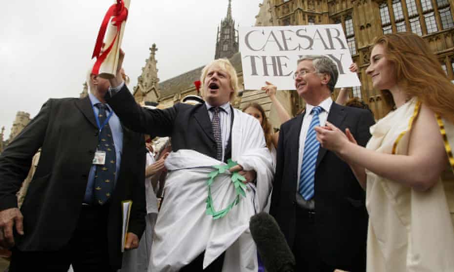 Boris Johnson wearing a toga in 2007, protesting against the threatened abolition of A-level ancient history.