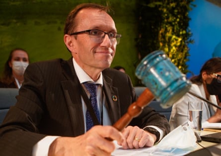 ‘Former UN Environment Assembly president, Espen Barth Eide, wields a recycled-plastic gavel in February 2022 in Nairobi, where countries first agreed to begin work on a global plastics treaty.