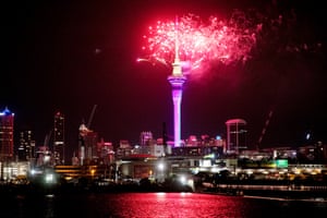 Fireworks explode over Sky Tower in Auckland