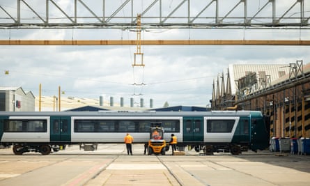 A train leaves Alstom’s factory in Derby.