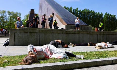 A die-in against the Russia’s invasion of Ukraine during celebrations to mark Victory Day at the Soviet War Memorial at Treptower Park in Berlin, Germany.