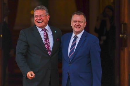 Maroš Šefčovič (left) and Nick Thomas-Symonds smile as they pose for a picture together