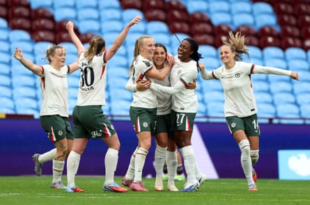Sam Kerr (centre) is congratulated by her teammates after scoring her first goal for Chelsea in 634 days