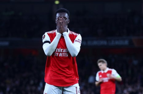 Arsenal's Eddie Nketiah reacts after shooting over the bar.