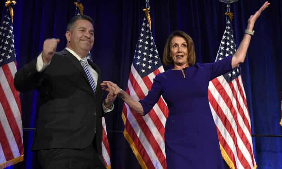 Nancy Pelosi and Democratic Congressional Campaign chair Ben Ray Lujan in Washington DC on 6 November. 