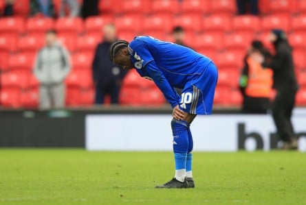 Stephy Mavididi shows his disappointment after Stoke’s late equaliser denied Leicester a vital win