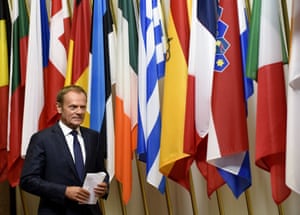 Donald Tusk, the president of the European council, arrives for a statement on Brexit at the EU headquarters in Brussels