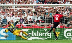 Fernando Hierro hits the bar with Spain’s first penalty in the quarter-final shootout against England.