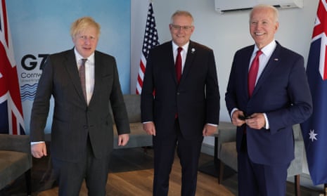 Boris Johnson, the Australian prime minister, Scott Morrison, and the US president, Joe Biden, at the G7 summit in June.