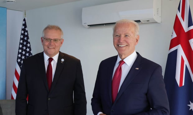 Australian Prime Minister Scott Morrison, and U.S. President Joe Biden pose for a photo at the Carbis Bay Hotel on 12 June, 2021