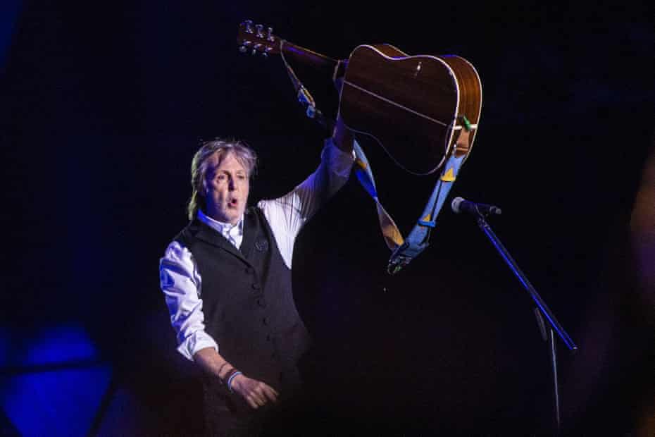 Paul McCartney on the Pyramid stage on Saturday night. 