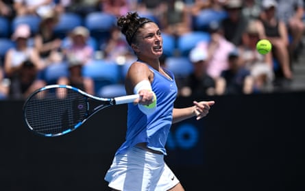 Sara Errani of Italy returns during her first round loss to Storm Hunter