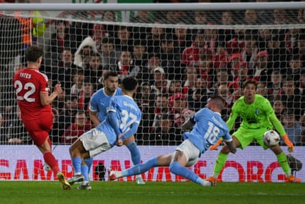 Ryan Yates puts Nottingham Forest in front in the 27th minute with his first goal in Europe.