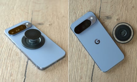 A magnetic Popsocket phone grip shown attached and detached from the back of a Google Pixel 10 Pro XL.