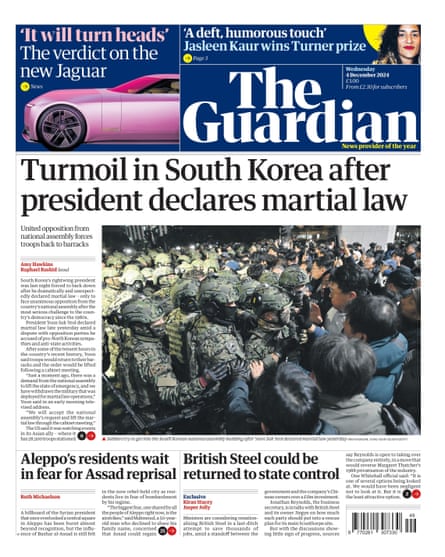 Guardian front page, Wednesday 4 December 2024