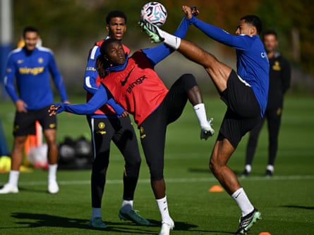 Geovany Quenda and Levi Colwill of Chelsea during a training session