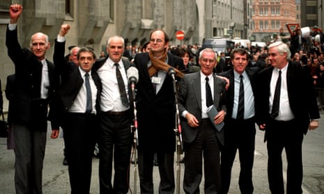 From left: John Walker, Paddy Hill. Hugh Callaghan, Chris Mullin, Richard McIlkenny, Gerry Hunter and William Power, outside the Old Bailey in London in 1991.