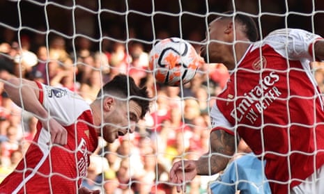 Off the line: Arsenal's Declan Rice clears the ball.