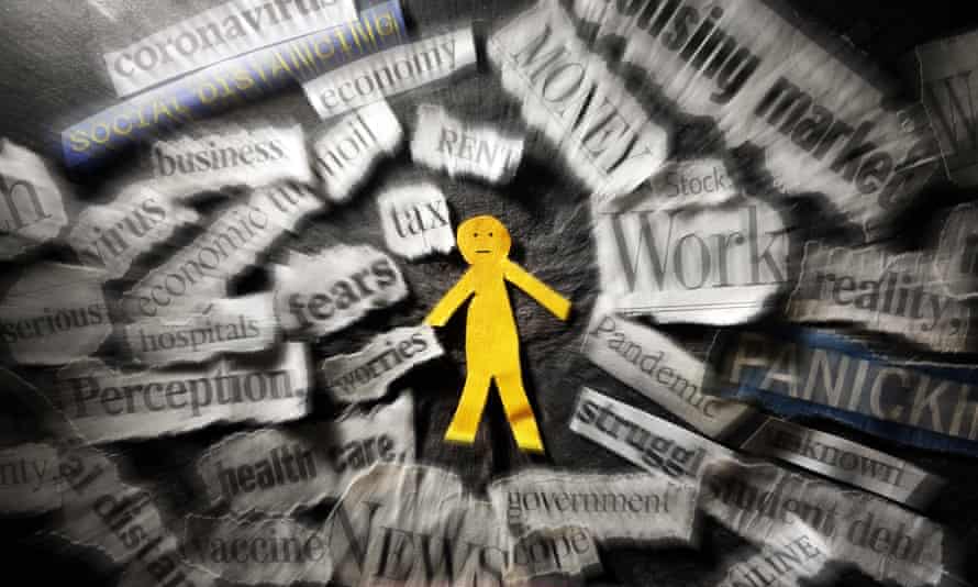 Paper man surrounded by swirling coronavirus and economy news headlines.