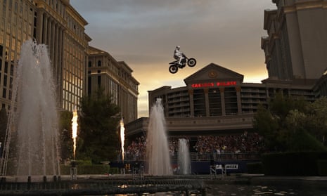Travis Pastrana jumps the fountain at Caesars Palace on a Sunday night in Las Vegas