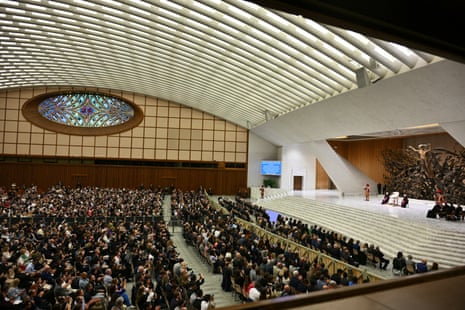 A general view of an audience to representatives of the media by Pope Leo XIV, at Paul-VI hall in the Vatican.