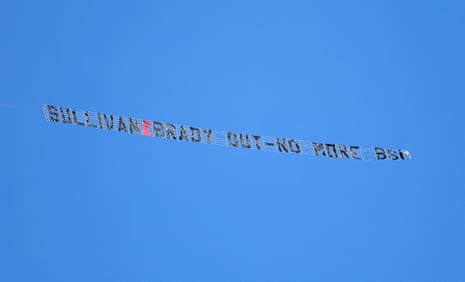 The message being flown by a plane over the stadium reading 'Sullivan & Brady out' to West Ham United owners David Sullivan and Karren Brady.