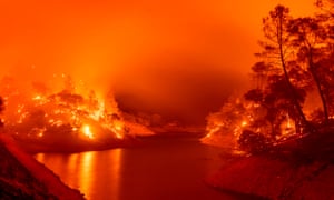 Flames consume the shores of Lake Berryessa in Napa, California.