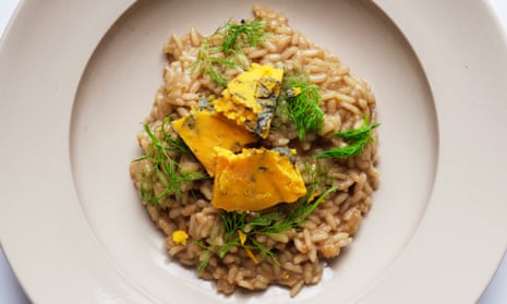 Enticing rice: Nigel Slater’s rice with fennel, black garlic and blue cheese recipe. Photograph: Jonathan Lovekin for the Observer