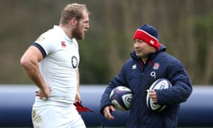 James Haskell y Eddie Jones en una sesión de entrenamiento de Inglaterra en febrero de 2016. El ex jugador de prueba dice del australiano: "Es el mejor entrenador con el que he trabajado".