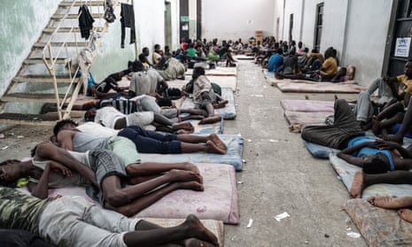 Refugees and migrants at a detention centre in Zawiyah, 45 kilometres west of the Libyan capital Tripoli. Interceptions of small boats crossing the Mediterranean have increased in recent months.