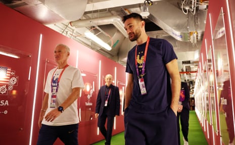 Didier Deschamps and Hugo Lloris arrive for their press conference this morning.
