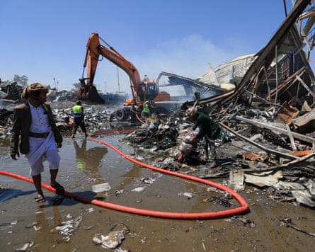 The aftermath of a Saudi airstrike on a foam factory in Sana’a on 9 October.