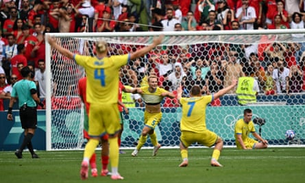 Ukraine celebrate Ihor Krasnopir’s dramatic late winner in Saint-Étienne.